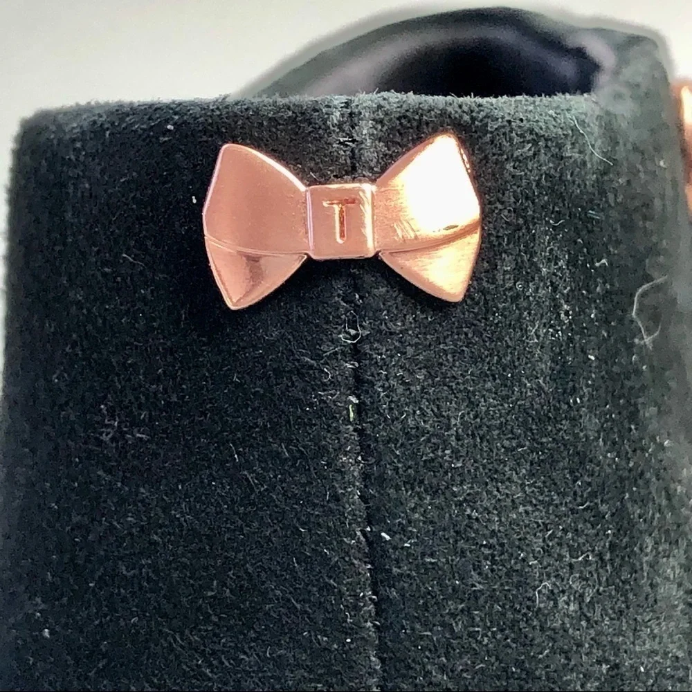 Ted Baker Leiyla black suede ankle booties pointy toe copper rose gold hardware